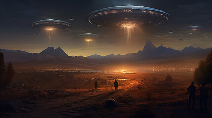 Obraz premium Silhouette Of Peoples and Mysterious UFO Human Floating In Air During Dark Night In Open Field