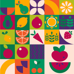 Geometric modern  background.  Abstract vegetables fruits minimalist. Seamless pattern Bauhaus