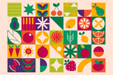 Geometric modern  background.  Abstract vegetables fruits. Seamless pattern Bauhaus