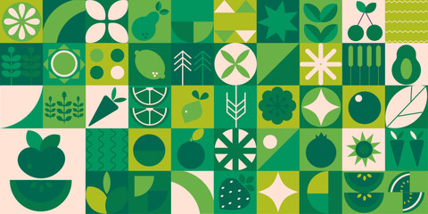 Geometric silhouette background.  Abstract vegetables fruits. Seamless pattern Bauhaus