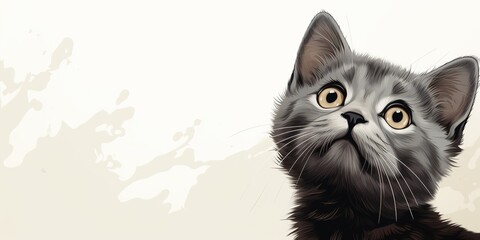 Cute banner with a cat looking up on solid white yellow background