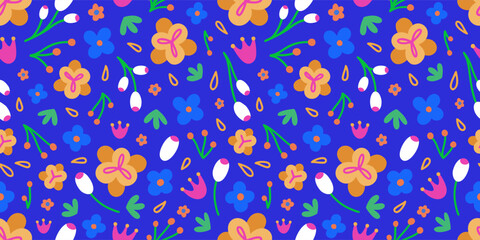 Floral seamless pattern. Hand drawn beautiful flowers. Colorful repeating background with blue, yellow blossom. Design for banner, wallpaper, textiles, wrapping paper, cover notebook, header