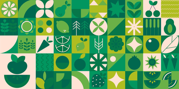 Geometric silhouette background.  Abstract vegetables fruits. Seamless pattern Bauhaus