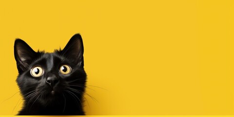 Cute banner with a cat looking up on solid yellow background