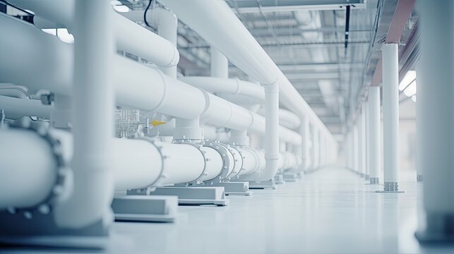 A technical room filled with white pipes. Pipeline inside modern factory. Illustration for banner, poster, cover, brochure, advertising, marketing or presentation.