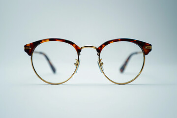 Golden framed glasses on white backdrop
