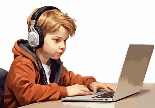 A boy wearing headphones is playing a computer game. The child is studying remotely. Listening to music, audiobooks, etc. Illustration for cover, brochure, advertising or presentation.