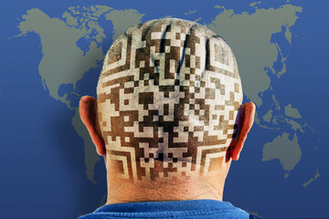 Shaving a man's head with a QR code texture on the head. There is a world map in the background.