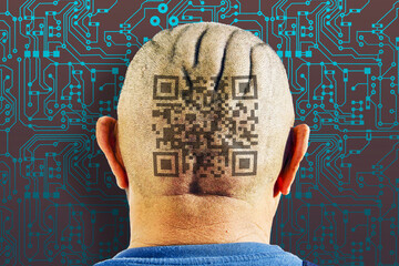 Shaving a man's head with a QR code texture on the head. Against the background of the PCB texture.