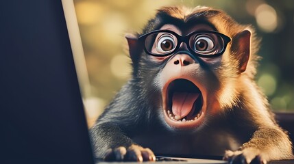 Anthropomorphic monkey with glasses working at a laptop in an office. Human characters through animals. Creative idea. Shocked, startled or frightened look with wide open mouth and bulging eyes. - obrazy, fototapety, plakaty