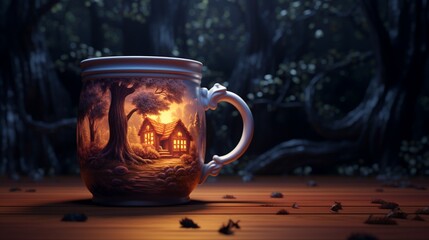 A beautiful witch house crafted on a mug - Generative AI