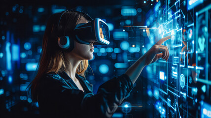 Young girl in virtual reality glasses pointing finger at glowing cyber icons on dark background.