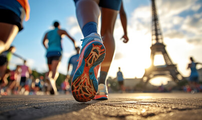 close up of a runners feet as they race towards the Eiffel tower in Paris. Summer sports athletics - obrazy, fototapety, plakaty