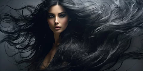Fotobehang Stunning young woman with long healthy black hair. Beautiful wavy shiny hair. Hair salon banner © Murda