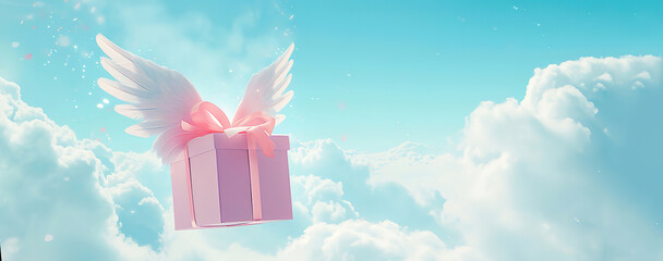 Pink gift box with  white wings flies across the sky among the clouds. In pink and white colors. Message for Valentine's Day. Banner.
 - obrazy, fototapety, plakaty