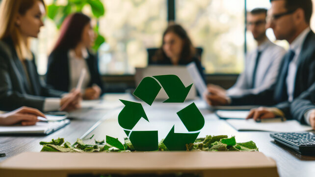 Business leaders discuss eco-strategies in an elegant office, emphasizing recycling and reuse reduction. This concept embodies an environmentally responsible approach, setting new industry standards.