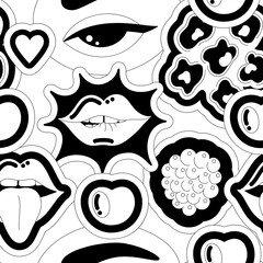 Black and white vector seamless pattern of eye,lips, berries. Love and passion. Playful, fun design with black outline. Print for fabrics, wallpaper, wrapping paper, gift bags