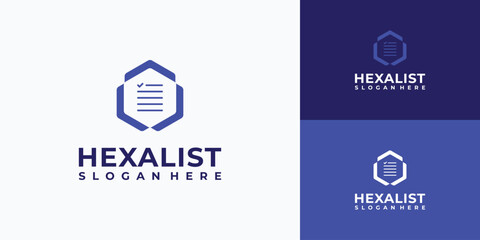 Vector logo design illustration of a check list in the shape of a hexagon with arrows on each side.
