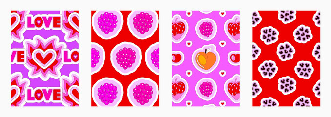 Set of vector covers with fruity, abstract and romantic patterns. Love and passion. Delicious glamour Valentines Day designs. Pink and red. Vector illustration for cards, posters, notebook, planners