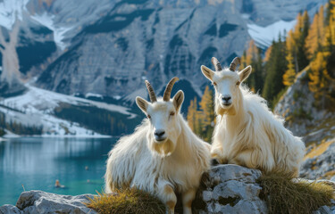 Obraz premium Mountain goats at Lake in Switzerland