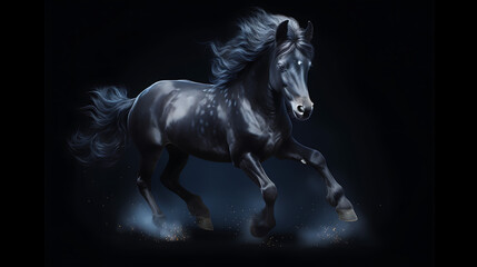 Obraz na płótnie Canvas Playful Indigo Nights Frisian filly with her unique features – a gleaming midnight-blue coat that sparkles like a starry sky. This image alone offers a fantastic opportunity for a visually striking 