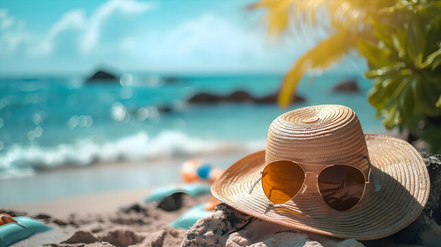 Vacation photo with blue ocean. Cinematic photo of a hat and sunglasses on the sand beach. High-resolution
