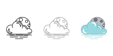 Cloud with moon and fog Weather Icon vector image on white background. Three icons thick, thin, colored outline. Can be used for mobile apps, web apps and print media