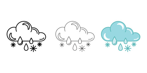 Cloud with snow and rain Weather Icon vector image on white background. Three icons thick, thin, colored outline. Can be used for mobile apps, web apps and print media