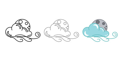 Cloud with moon and wind Weather Icon vector image on white background. Three icons thick, thin, colored outline. Can be used for mobile apps, web apps and print media