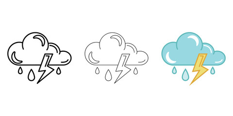 Cloud with thunderstorm and rain Weather Icon vector image on white background. Three icons thick, thin, colored outline. Can be used for mobile apps, web apps and print media