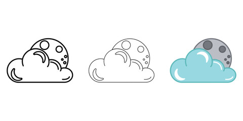 Cloud with moon Weather Icon vector image on white background. Three icons thick, thin, colored outline. Can be used for mobile apps, web apps and print media