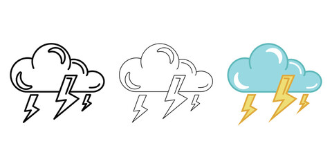 Cloud with strong thunderstorm Weather Icon vector image on white background. Three icons thick, thin, colored outline. Can be used for mobile apps, web apps and print media