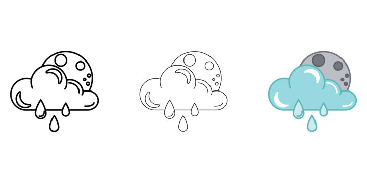 Cloud with moon and rain Weather Icon vector image on white background. Three icons thick, thin, colored outline. Can be used for mobile apps, web apps and print media