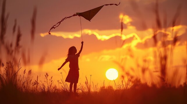 child launches kite sunset. silhouette teenage girl playing with wind sunset. happy family. childhood dream fly. flying a kite sky sunset. happy family concept. colored children toy with wind.