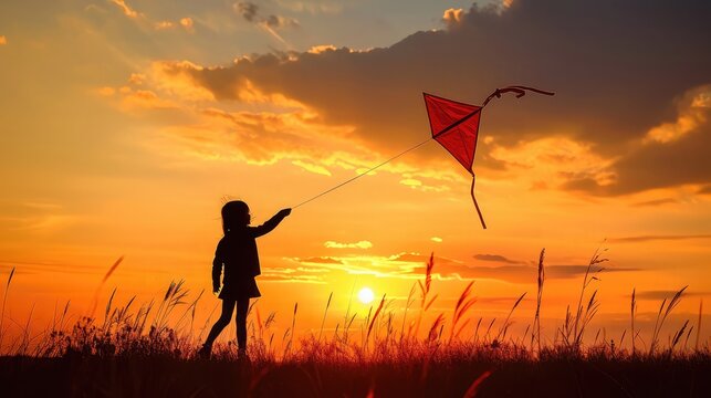 child launches kite sunset. silhouette teenage girl playing with wind sunset. happy family. childhood dream fly. flying a kite sky sunset. happy family concept. colored children toy with wind.