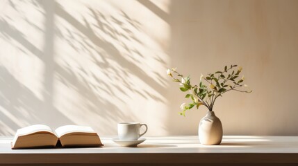 Fototapeta na wymiar A cup of coffee and a book on a table by window and wall with sunlight and shadows.