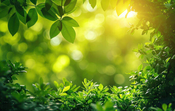 Nature product backdrop, green trees and sunlight