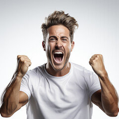A man making a show of joy with his fists isolated on white background.Blank white t-shirt.
