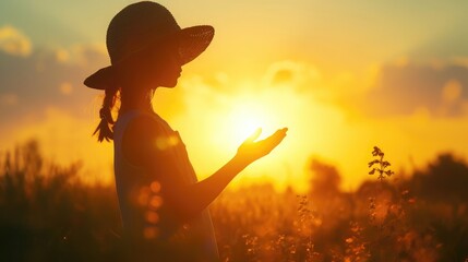 Silhouette of dreaming little girl in hat pulls hand to warm sun. Religion helping hand. Preteen child enjoy beautiful summer nature during amazing sunset or sunrise. Prayer in religion concept - obrazy, fototapety, plakaty