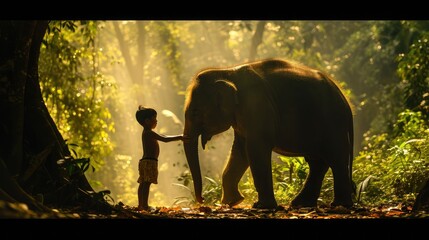 Silhouette of little boy stand and touch leg of elephant with sunlight shine through tree in forest in concept of good relationship between human and wildlife animal.