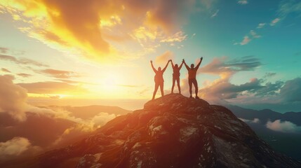 Together overcoming obstacles as a group of three people raising hands up on the top of a mountain. Celebrate victory and success over sunset background. Goal achievement symbol - obrazy, fototapety, plakaty