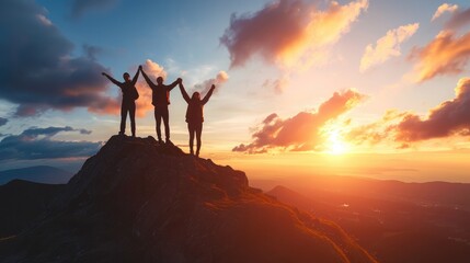 Together overcoming obstacles as a group of three people raising hands up on the top of a mountain. Celebrate victory and success over sunset background. Goal achievement symbol