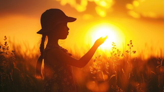 Silhouette of dreaming little girl in hat pulls hand to warm sun. Religion helping hand. Preteen child enjoy beautiful summer nature during amazing sunset or sunrise. Prayer in religion concept