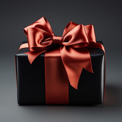Black gift box with red ribbon isolated on grey background.Copy and text space.