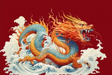 the dragon on the ocean isolated on red background