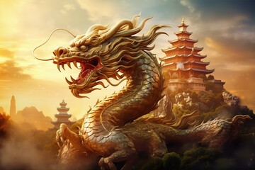 the dragon statue standing in front of the pagoda building in China