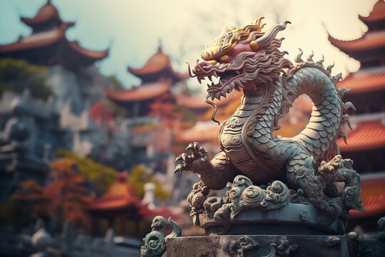 the dragon statue standing in front of the building in China