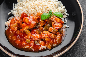 rice chicken Basque tomato sauce tasty meat fresh eating cooking appetizer meal food snack on the table copy space food background rustic top view