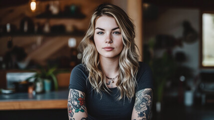Portrait of a young tattooed woman who is looking at the camera