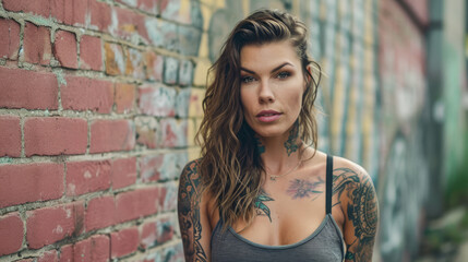 Naklejka premium Portrait of a young tattooed woman who is looking at the camera